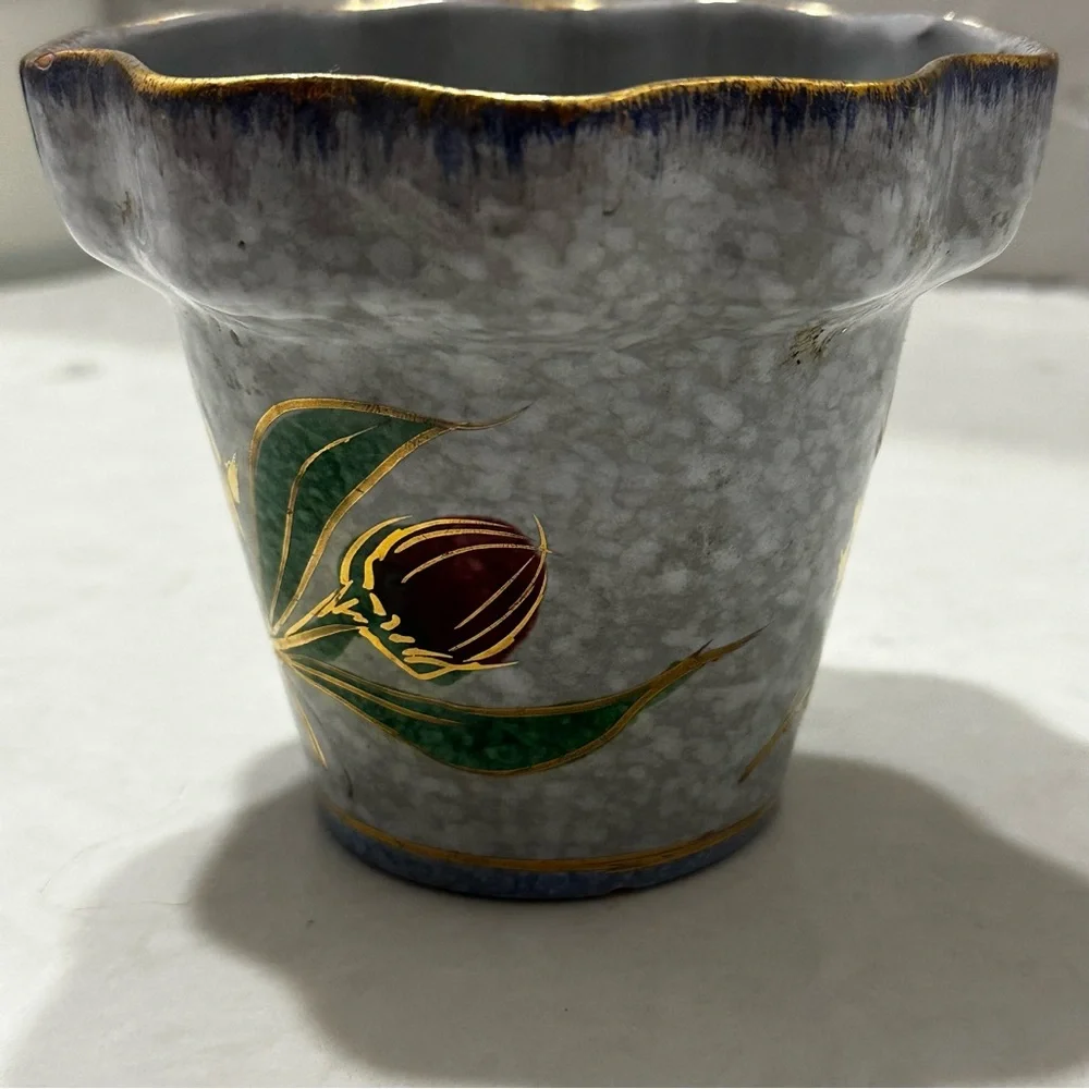 Vintage Italian Hand Painted Planter Marbled Blue Gold Rim Red Flower ITALY